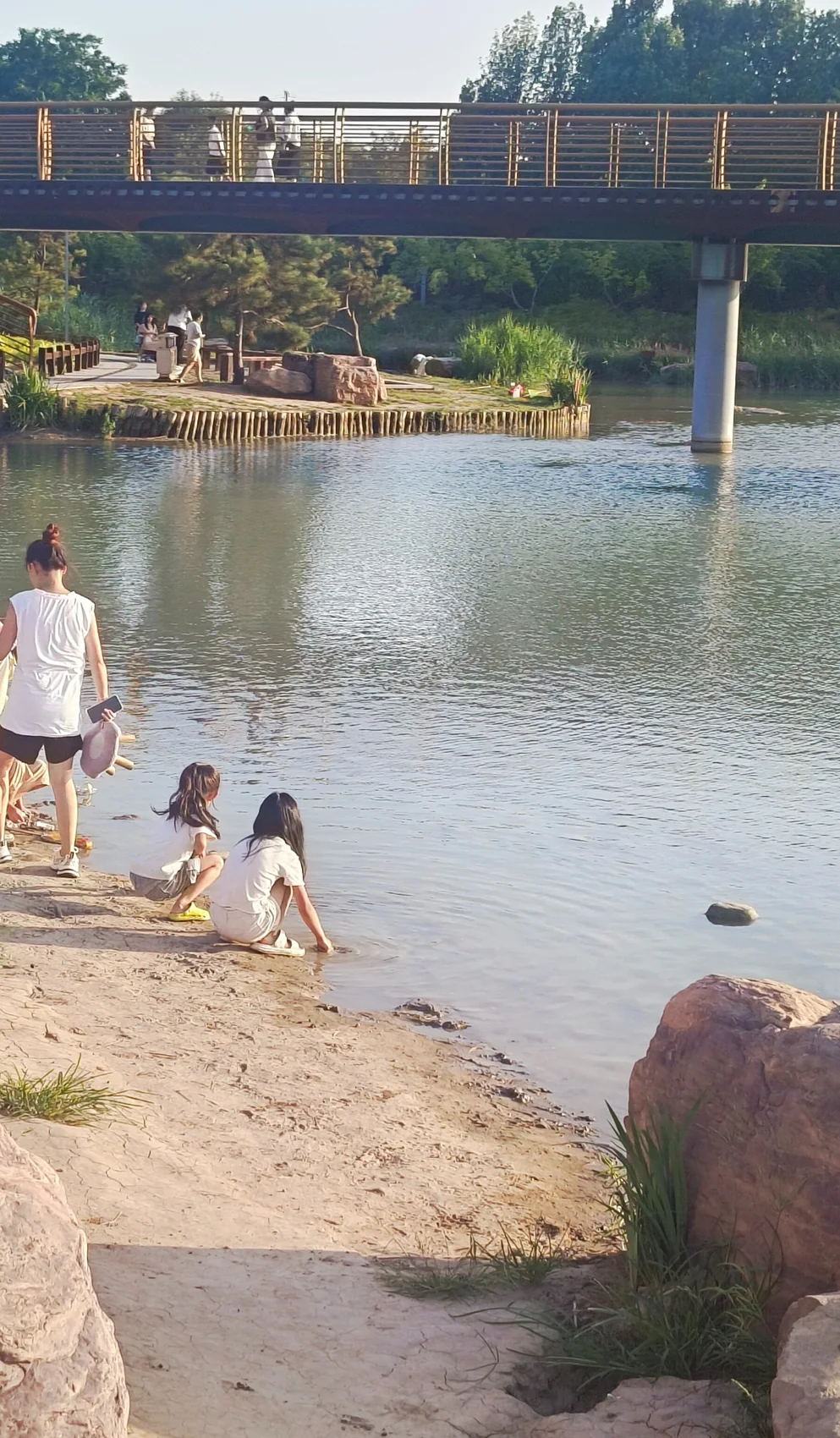 傍晚，两个孩子蹲在洪河湿地公园水边