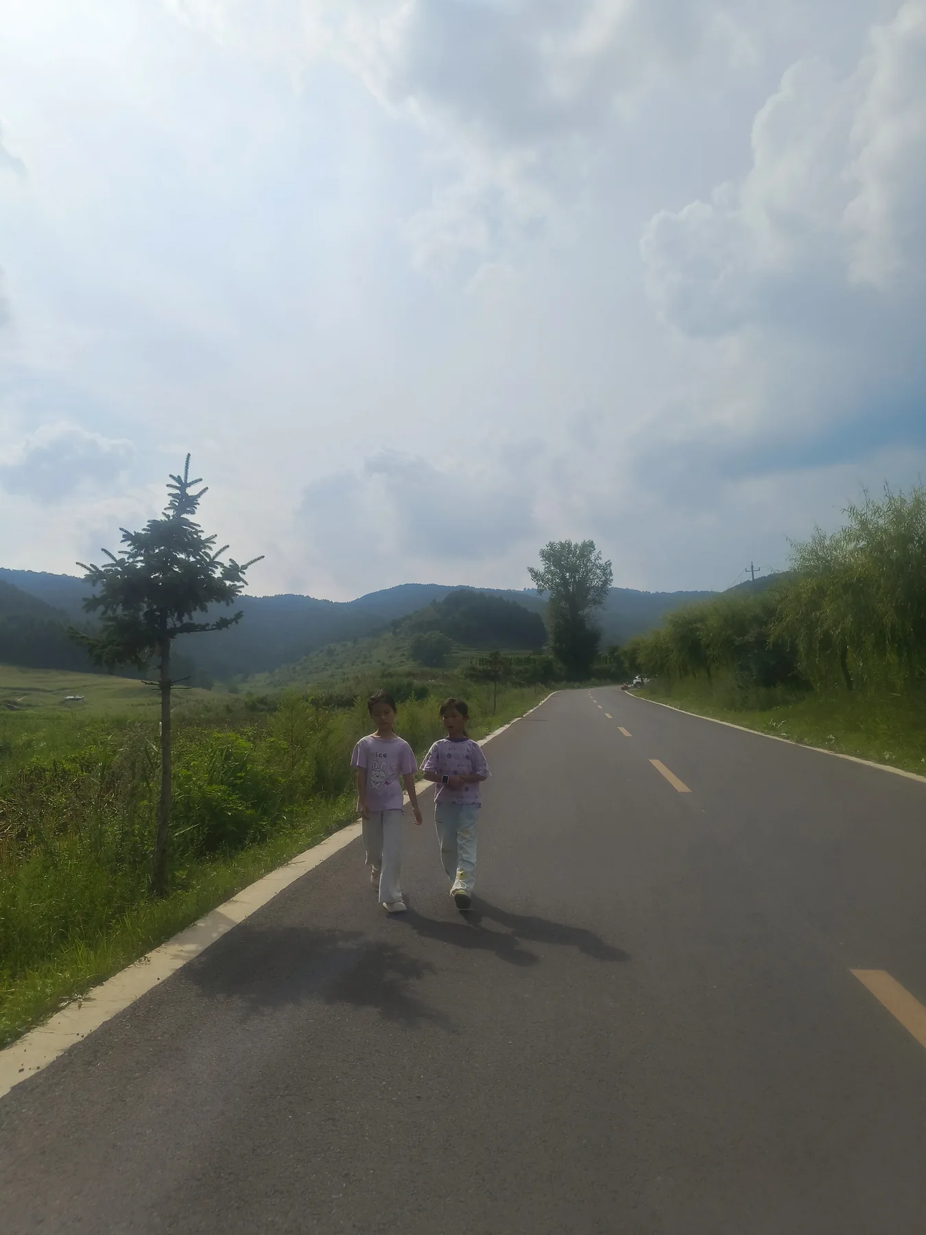 两个孩子走在安静的山间公路上，远处是连绵山林
