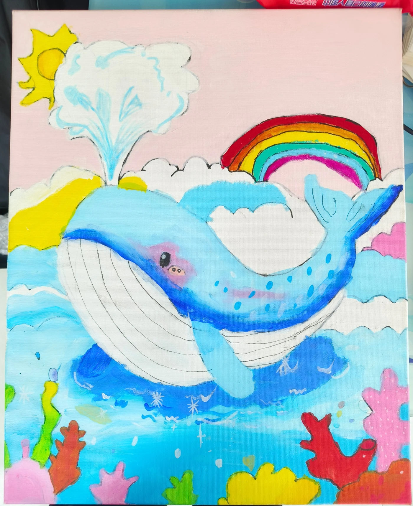 桃子于2026年6月在绘画班老师指导下创作的彩虹与鲸鱼原画实拍